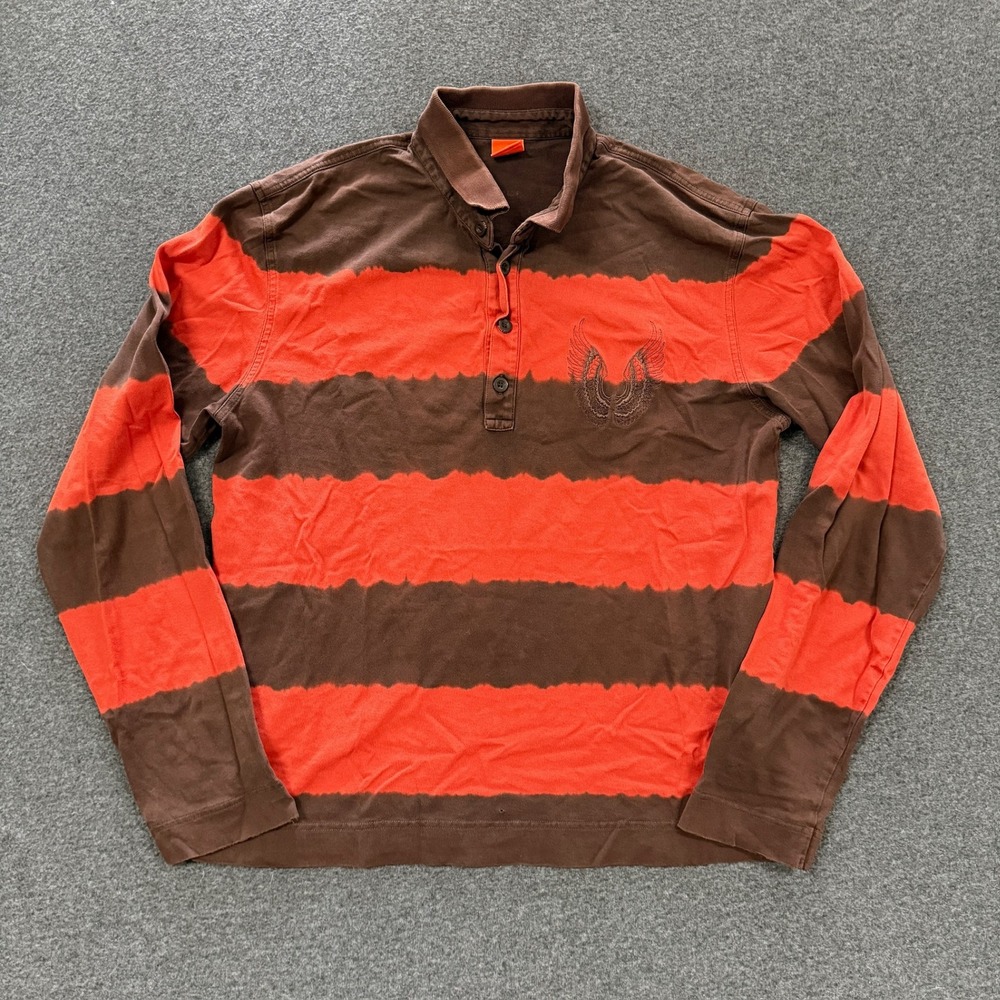 Modern Hugo Boss Polo Rugby Shirt Mens L Brown Orange Good Striped Long Sleeve